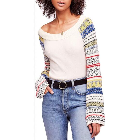 FREE PEOPLE Fairground Patterned Wide Neck Thermal Top Ivory Art Sleeves Boho S - Picture 1 of 10